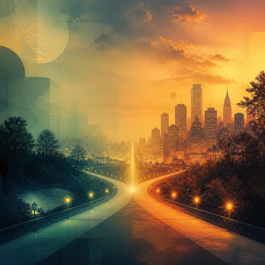 Converging paths in an abstract cityscape, symbolizing two different relationship orientations finding common ground.