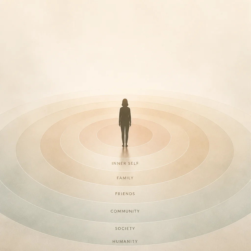 Single centered figure surrounded by concentric rings, representing the grounded self within a mono-poly dynamic.