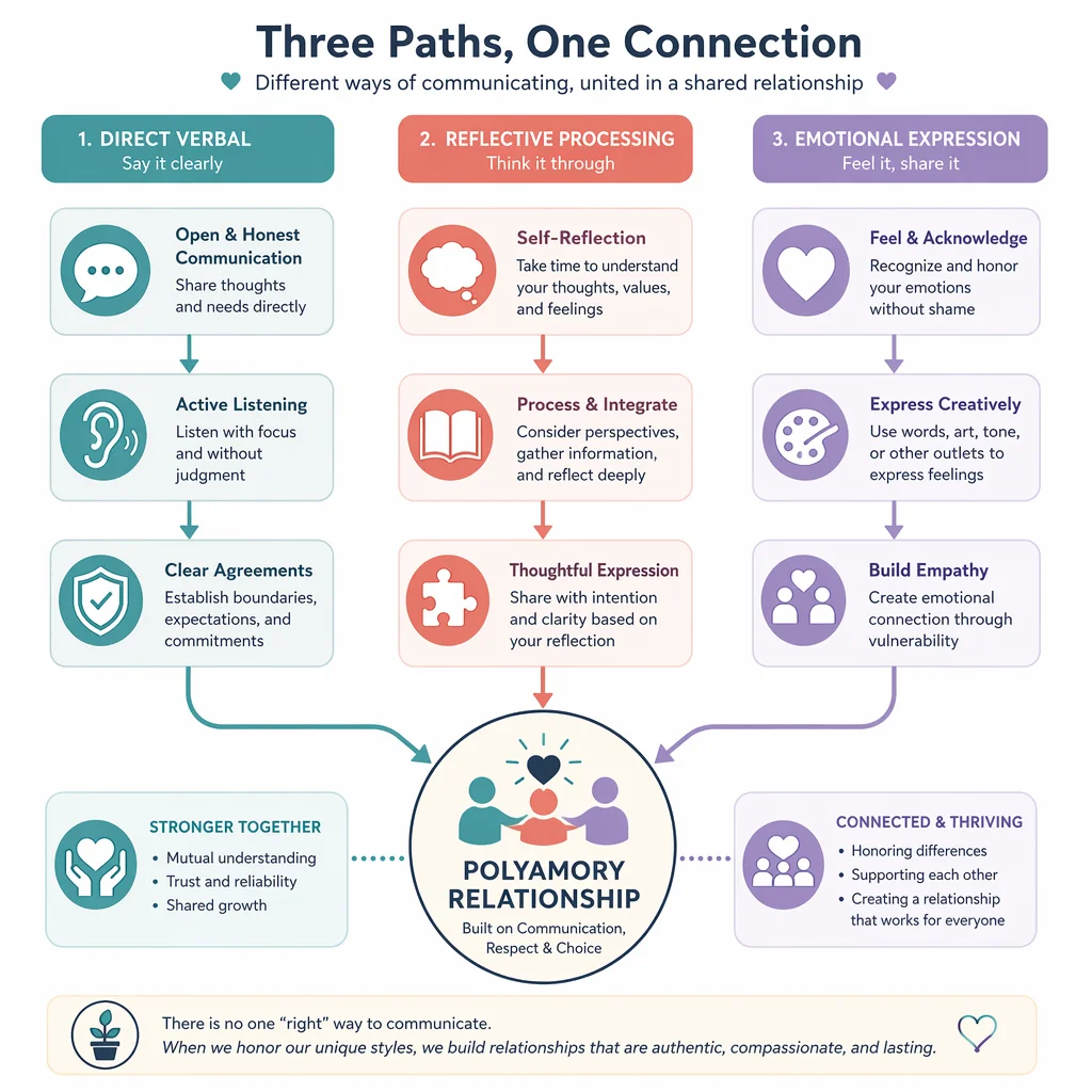 Flowchart showing different communication styles converging in polyamorous relationships