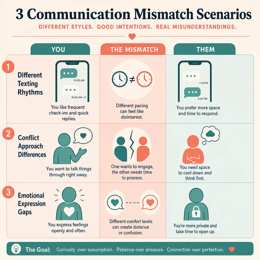 Comparison chart of three common communication mismatch scenarios in polyamory