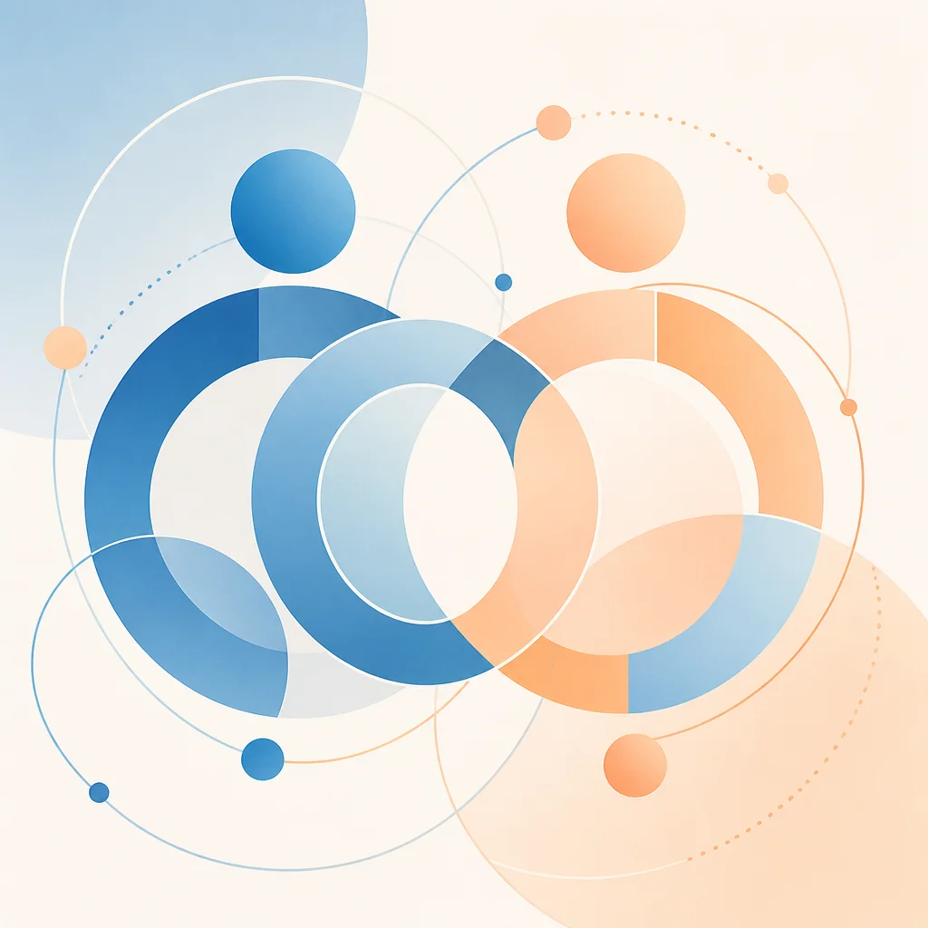 Interlocking geometric circles in soft blue and peach, representing the interconnected yet distinct relationships in a mono-poly dynamic.