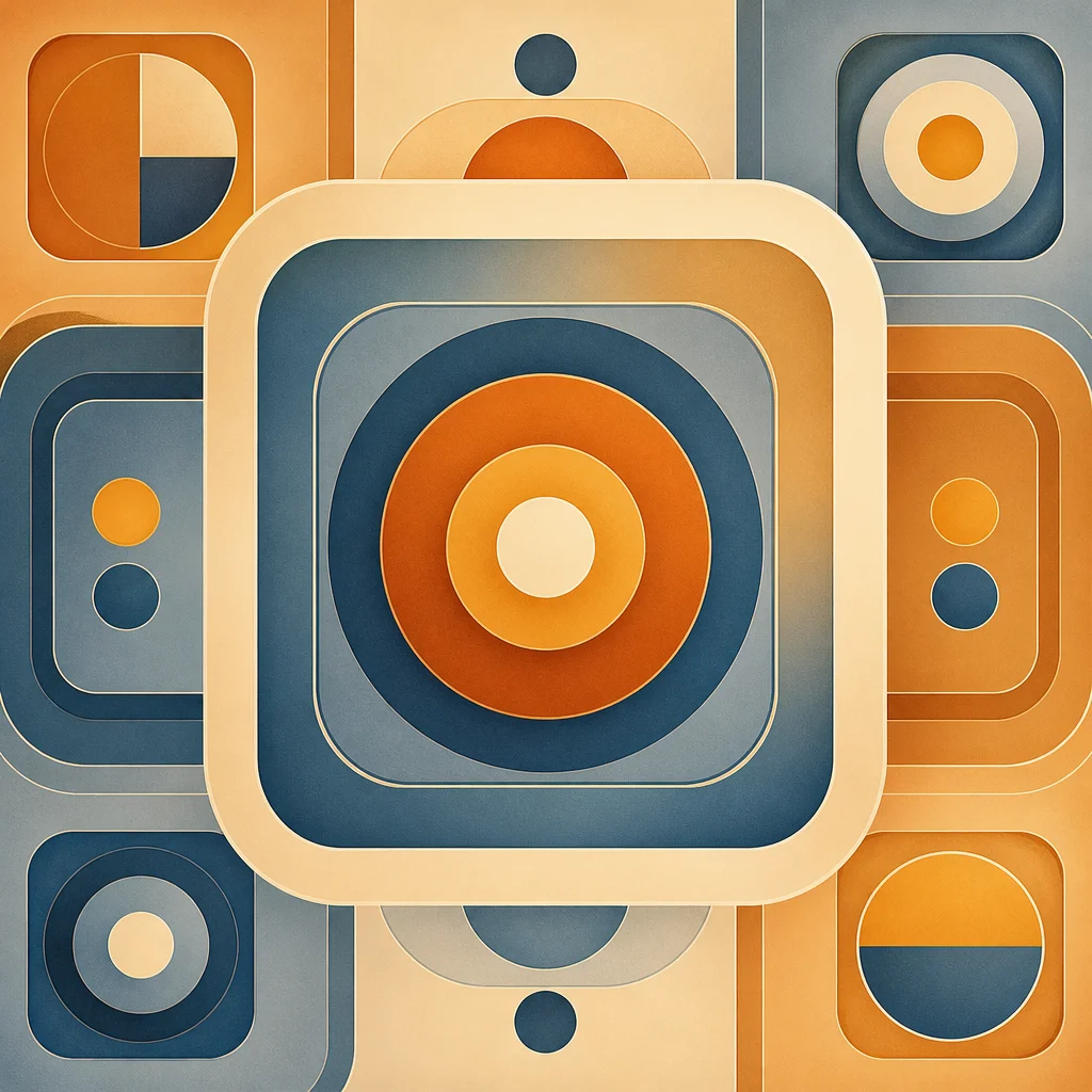 Circles nested within squares in amber and blue, representing containment and growth within relationship boundaries.