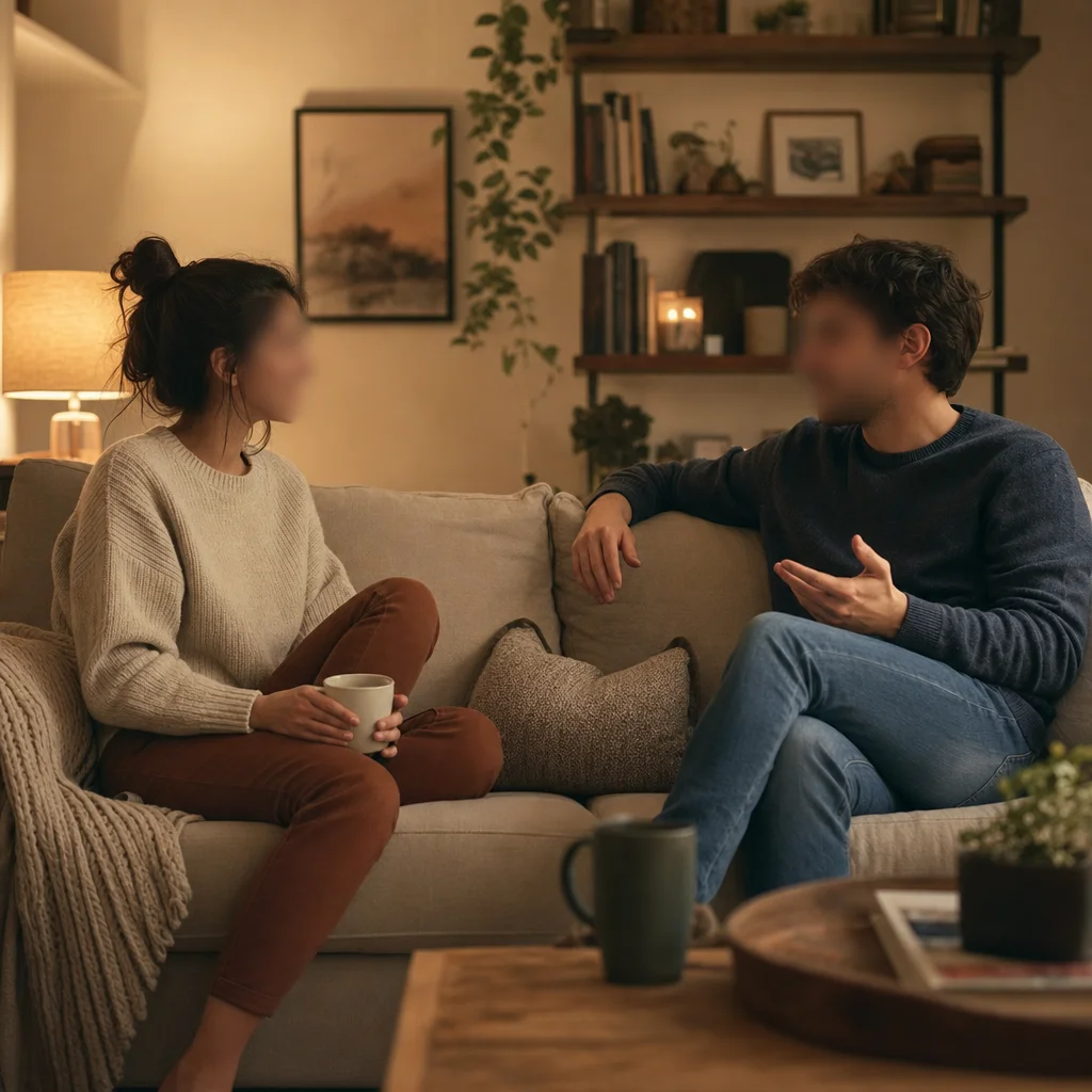 Lifestyle photo of two people in conversation on a couch, representing open communication about comfort levels