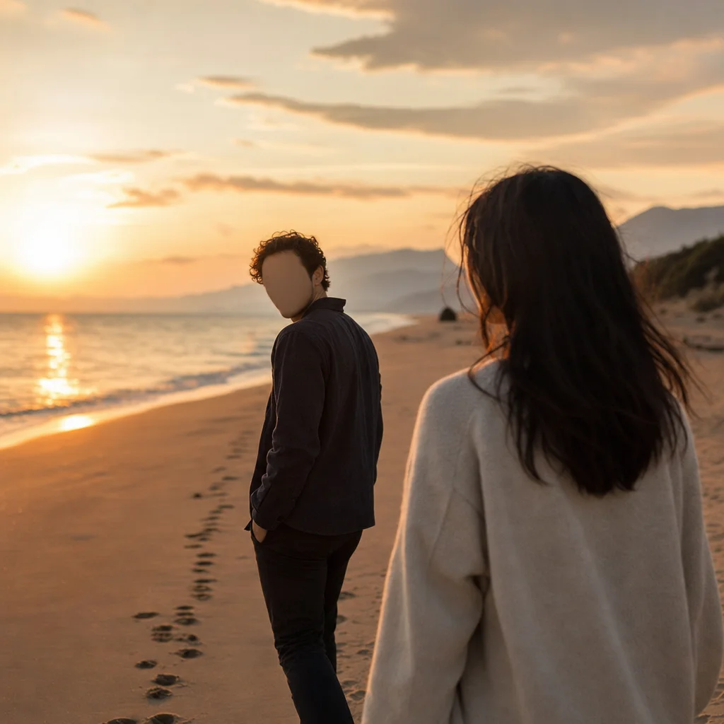 Couple walking on a beach at sunset, one turning back, representing checking in with each other's comfort
