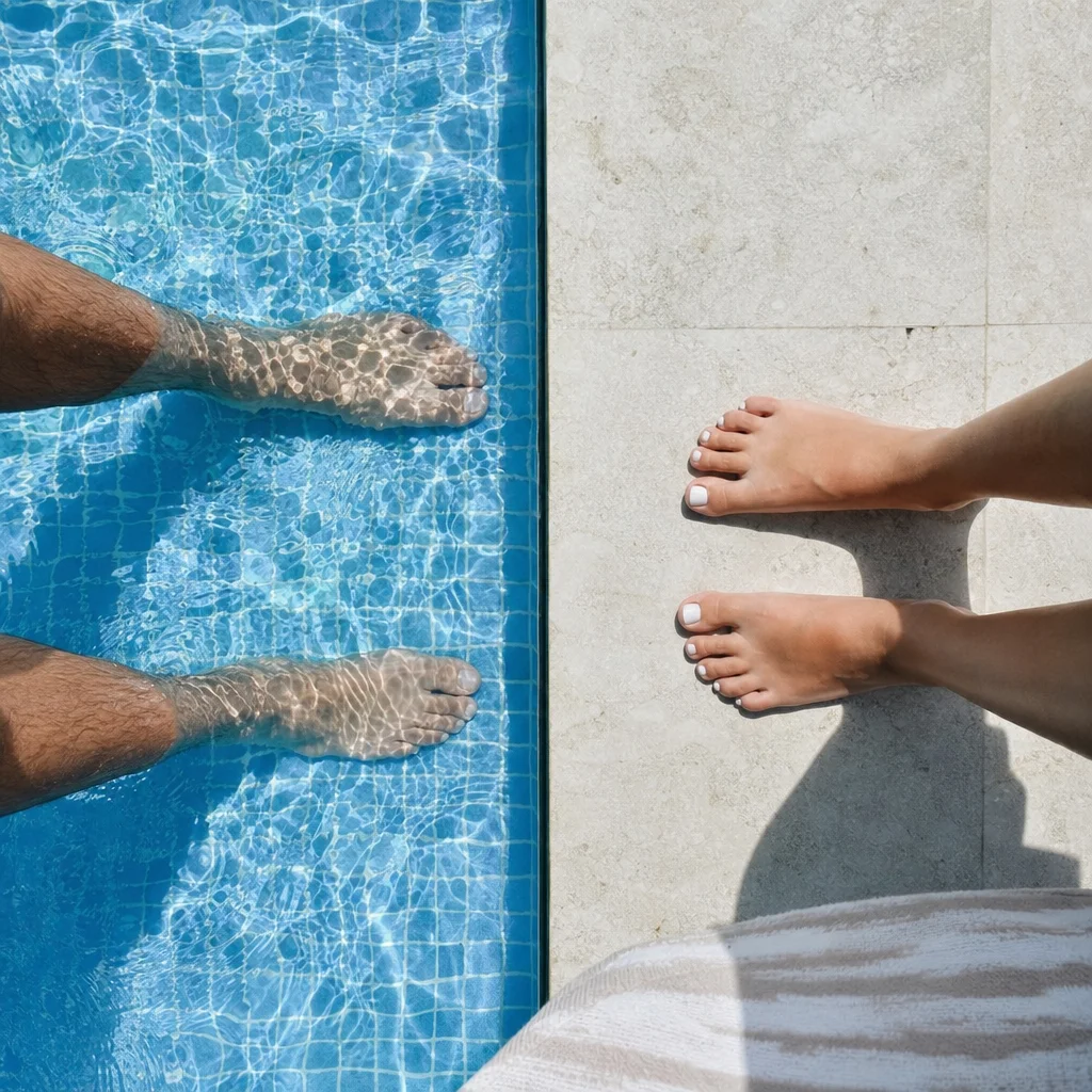 Two pairs of feet at a pool edge, one in water and one on dry ground, representing different comfort zones