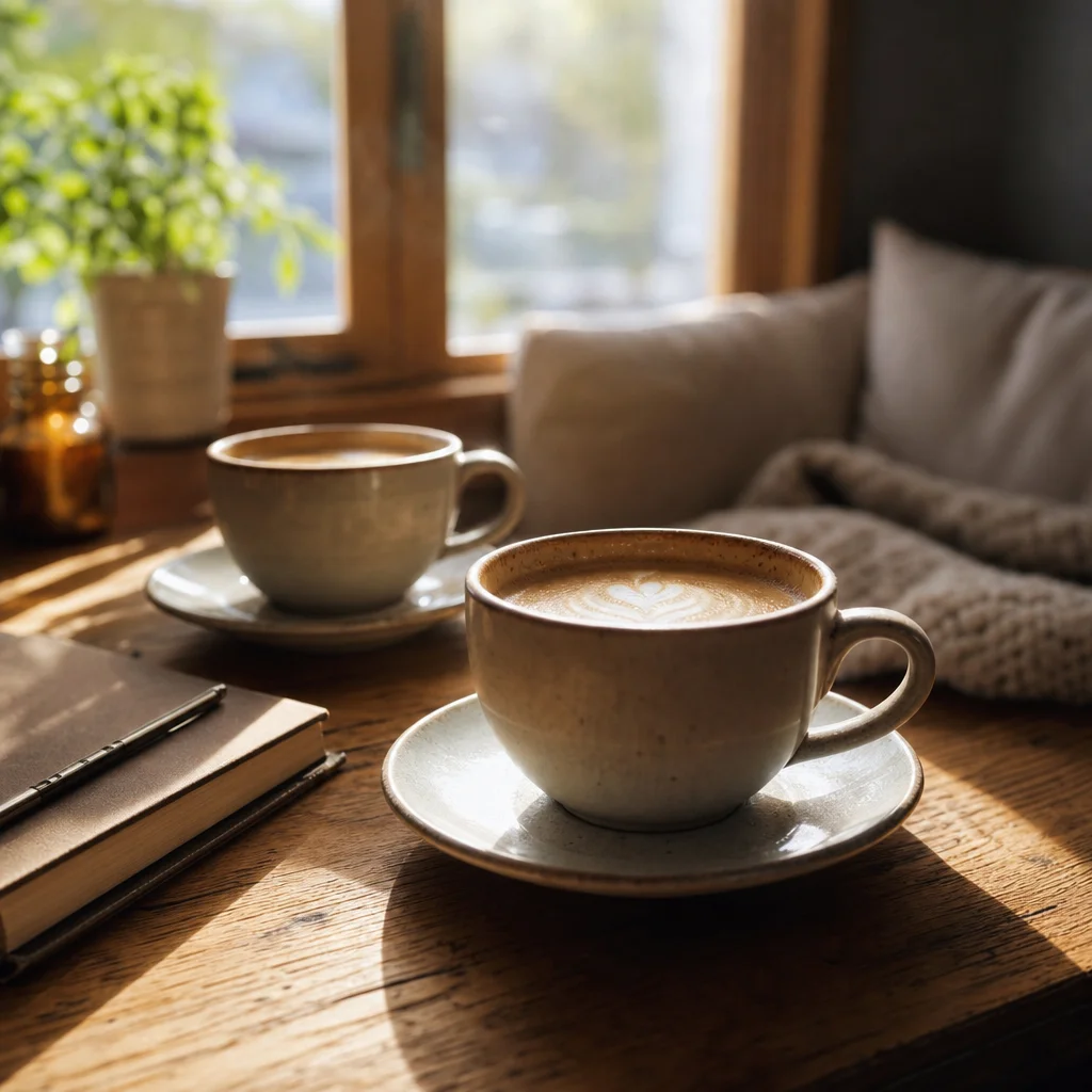 Two coffee cups on a wooden table in morning light, representing the small rituals that build trust