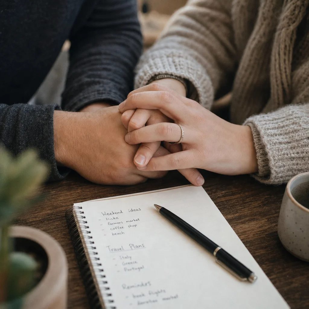 Couple's hands intertwined with notebook and pen, representing collaborative boundary-setting