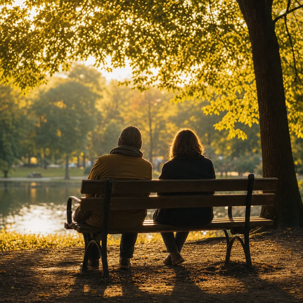 Two people on a park bench in golden hour light, representing peaceful partnership through the swinging journey