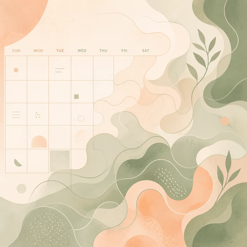 Flowing calendar-like abstract shapes in peach and sage, soft abstract style