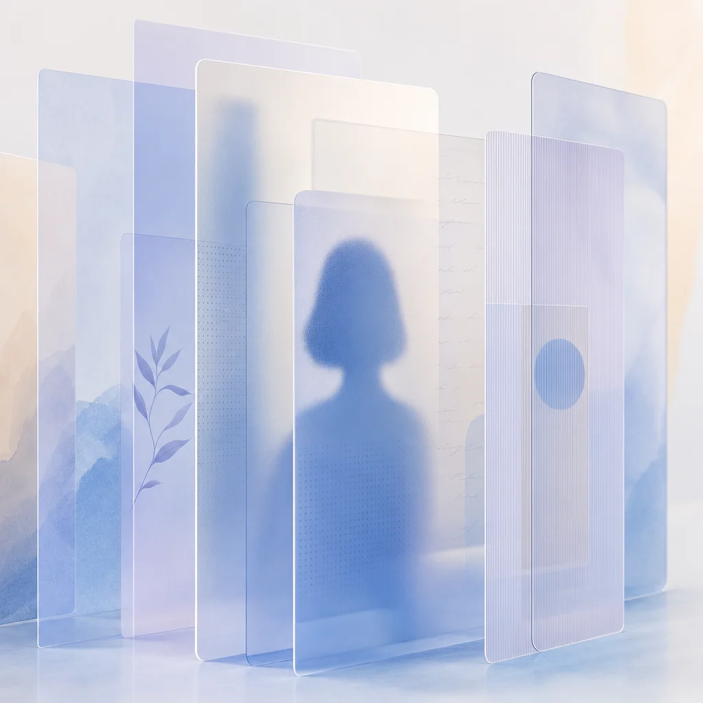 Layered translucent screens in periwinkle representing privacy, soft abstract