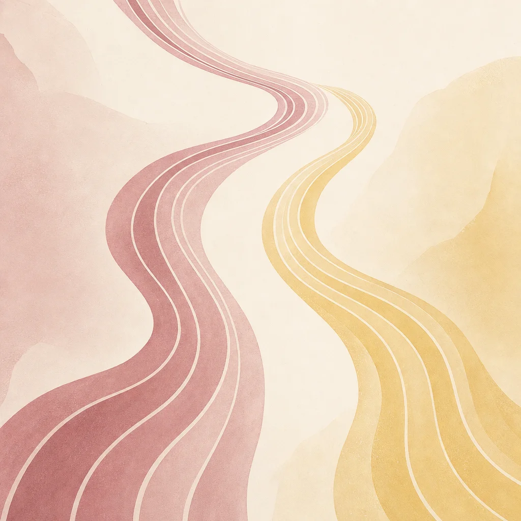Parallel flowing ribbon lines in dusty rose and yellow, soft abstract minimalism