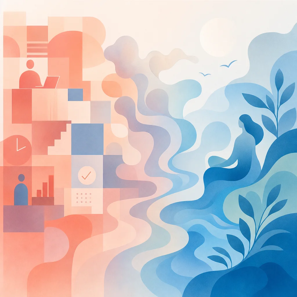 Geometric to organic shape transition in coral and blue, soft abstract