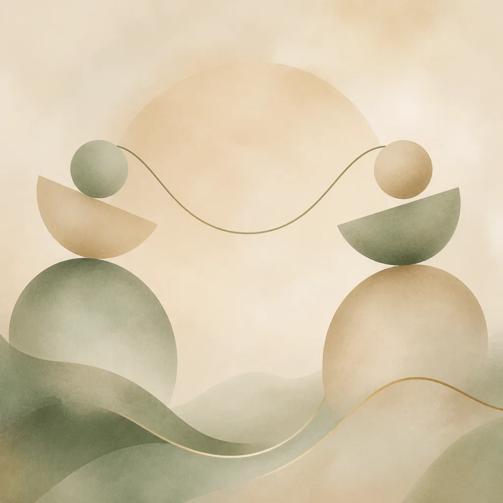 Abstract balance scale forms in sage green and beige, soft abstract equilibrium
