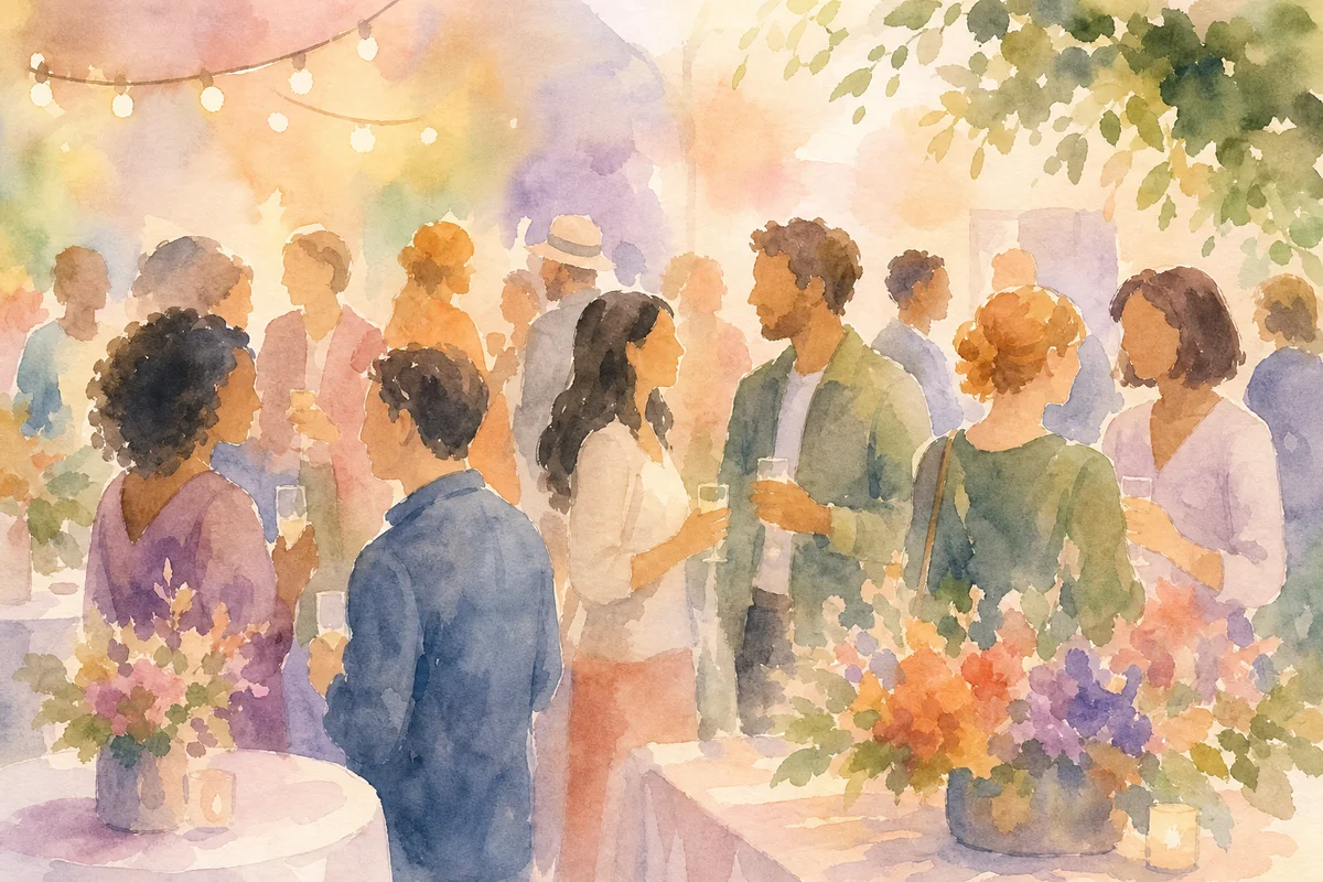 Watercolor illustration of diverse people at a social event representing inclusive polyamorous community