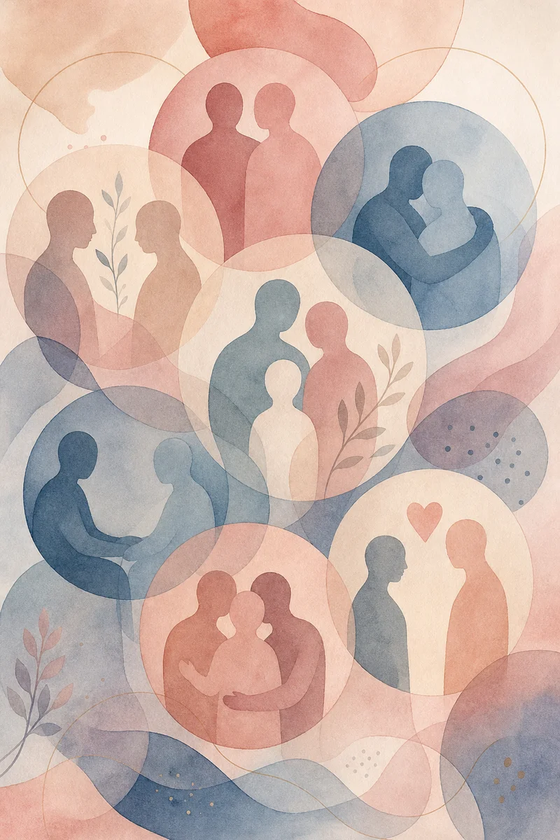 Abstract watercolor of overlapping circles symbolizing coexisting relationship dynamics in polyamory
