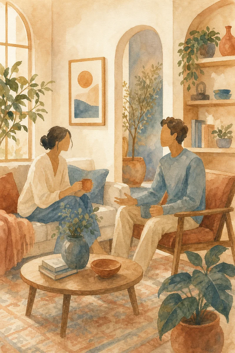 Soft watercolor of warm home interior with people talking representing open communication in polyamorous life