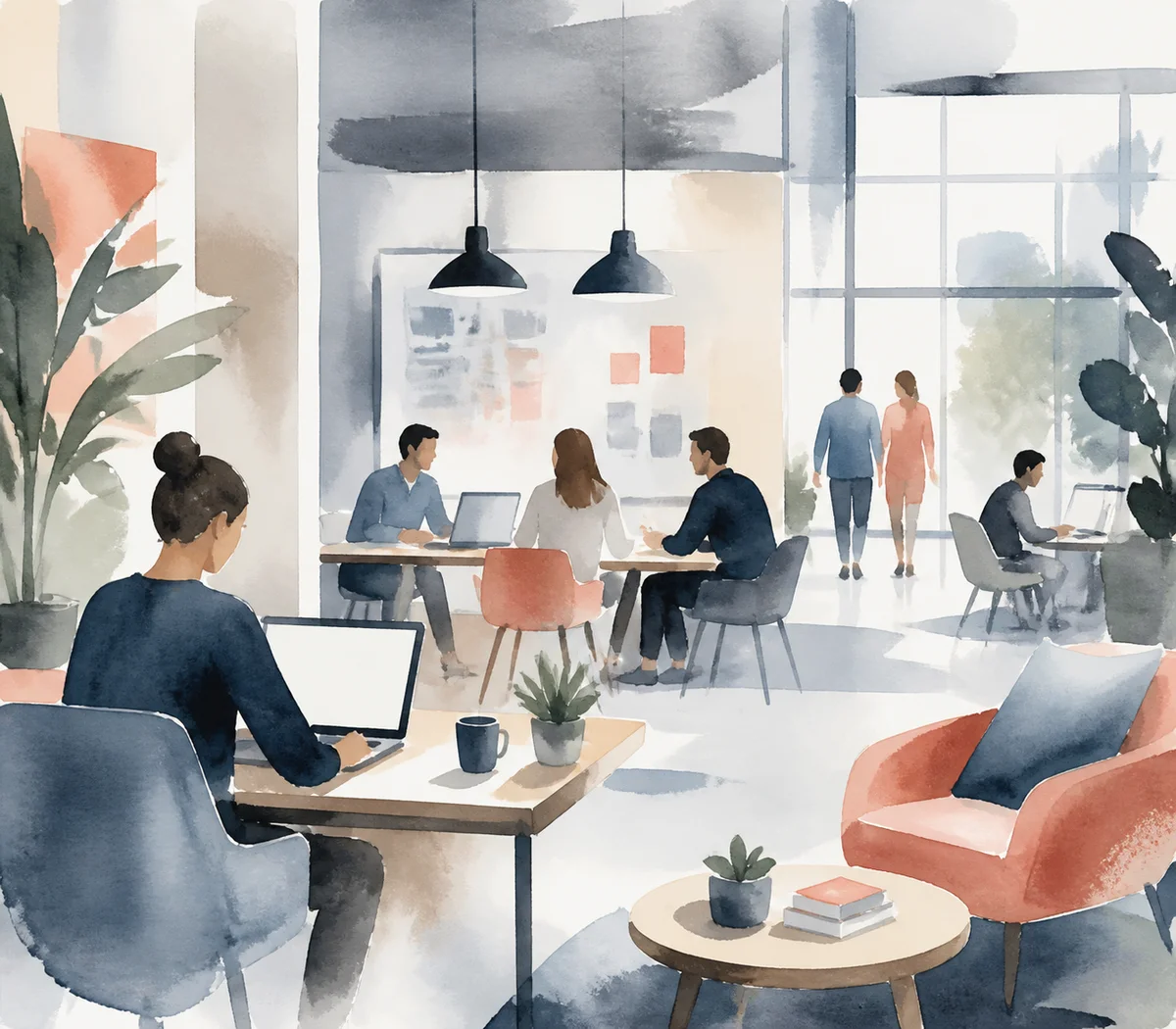 Atmospheric watercolor of a modern collaborative workspace with natural light