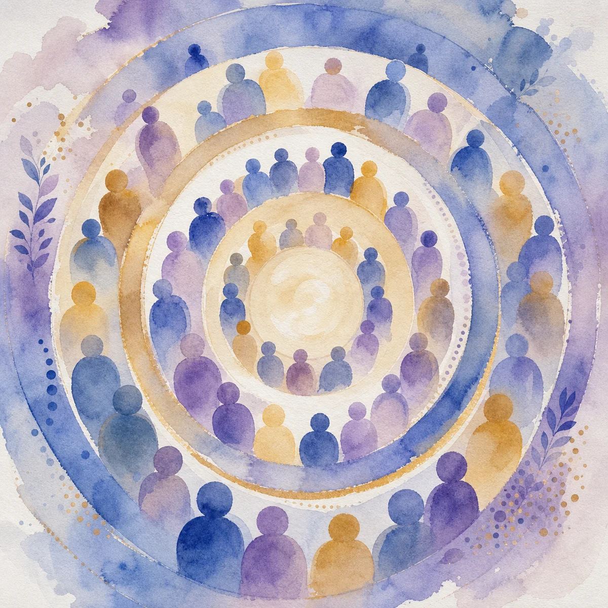 Abstract watercolor concentric rings in soft tones symbolizing community and belonging
