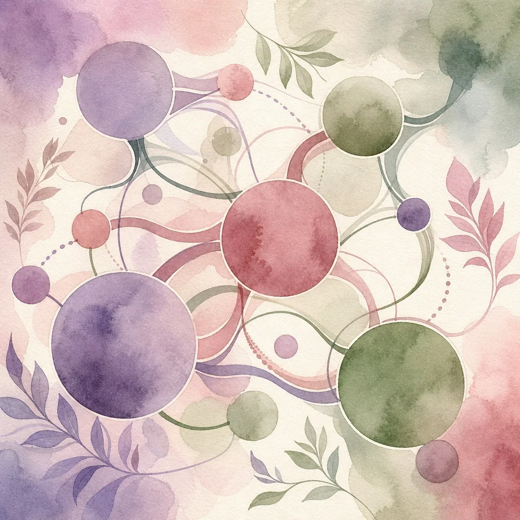 Watercolor illustration of interconnected abstract forms in soft pastel colors