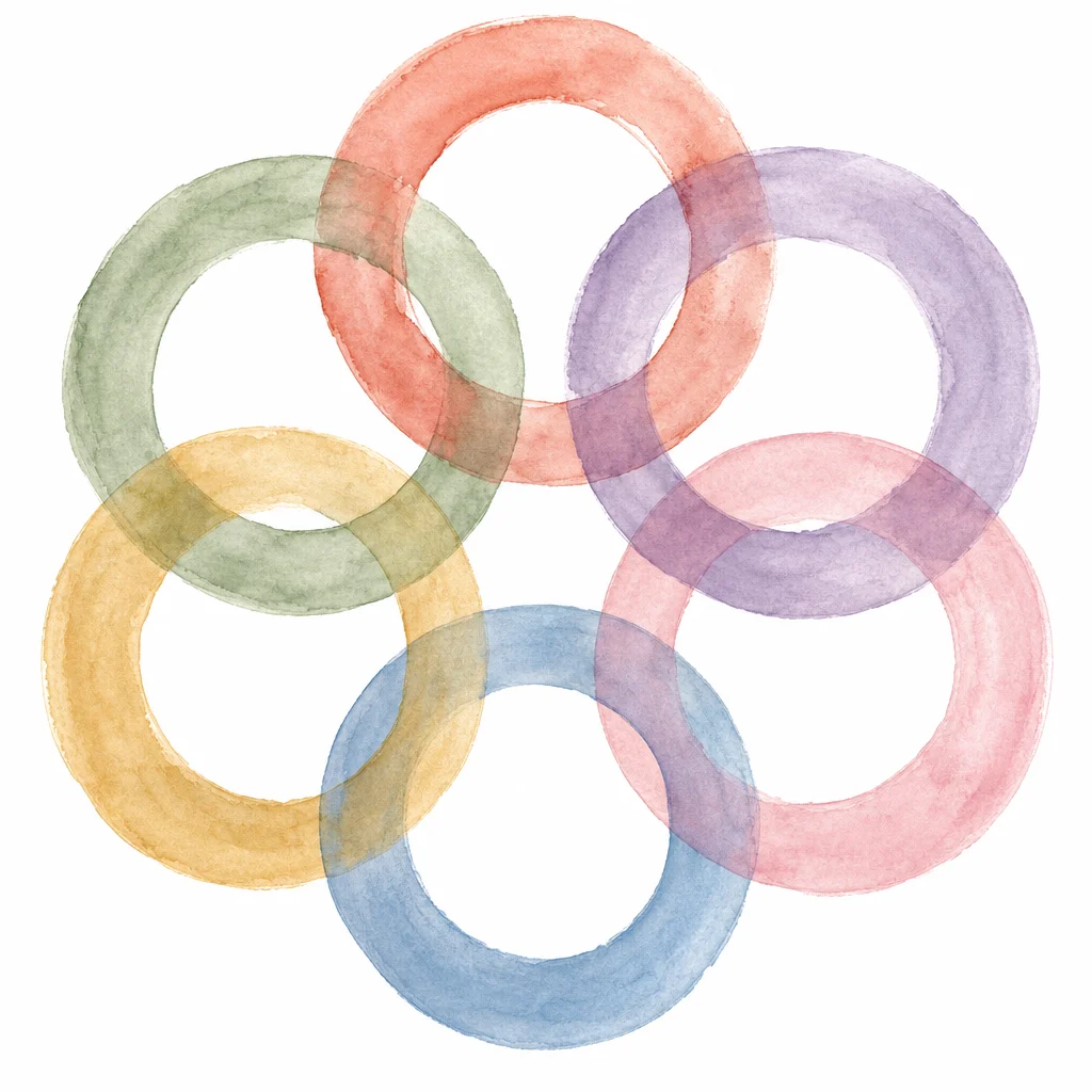 Watercolor mandala of interlocking rings in six soft pastel colors