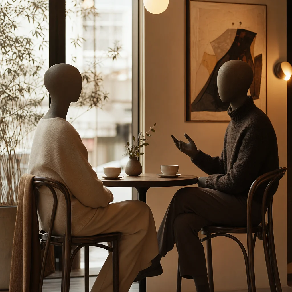 Two abstract figures having a calm conversation at a cafe table, editorial photography style