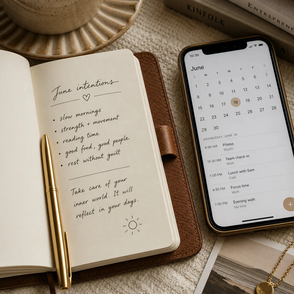 Editorial still life of a notebook with handwritten notes beside a phone showing a calendar, warm tones