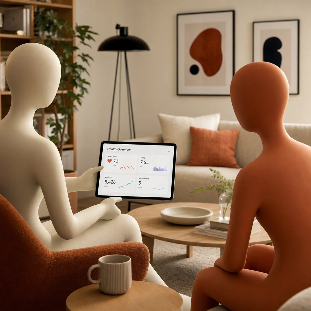 Abstract figures in a modern living room, one holding a tablet showing health graphics, warm editorial tones