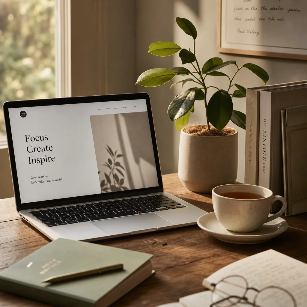 Editorial still life of an open laptop with tea and a plant on a wooden desk, morning light