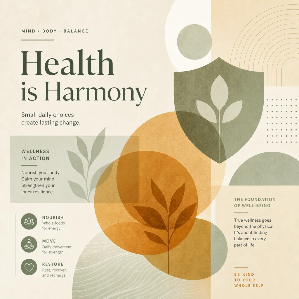 Abstract geometric shapes representing health and wellness in warm amber and sage green tones, editorial style