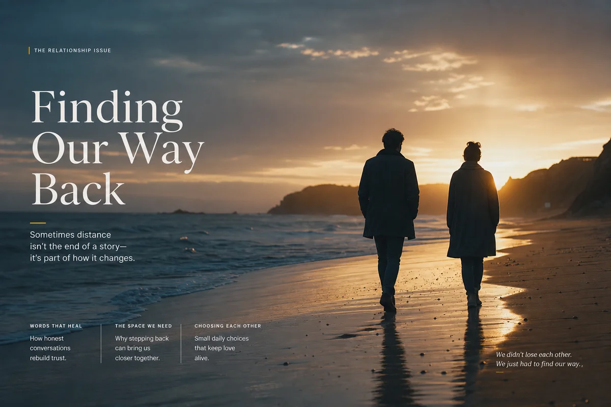 Two people walking along a beach at sunset, side by side with distance, representing relationship transition
