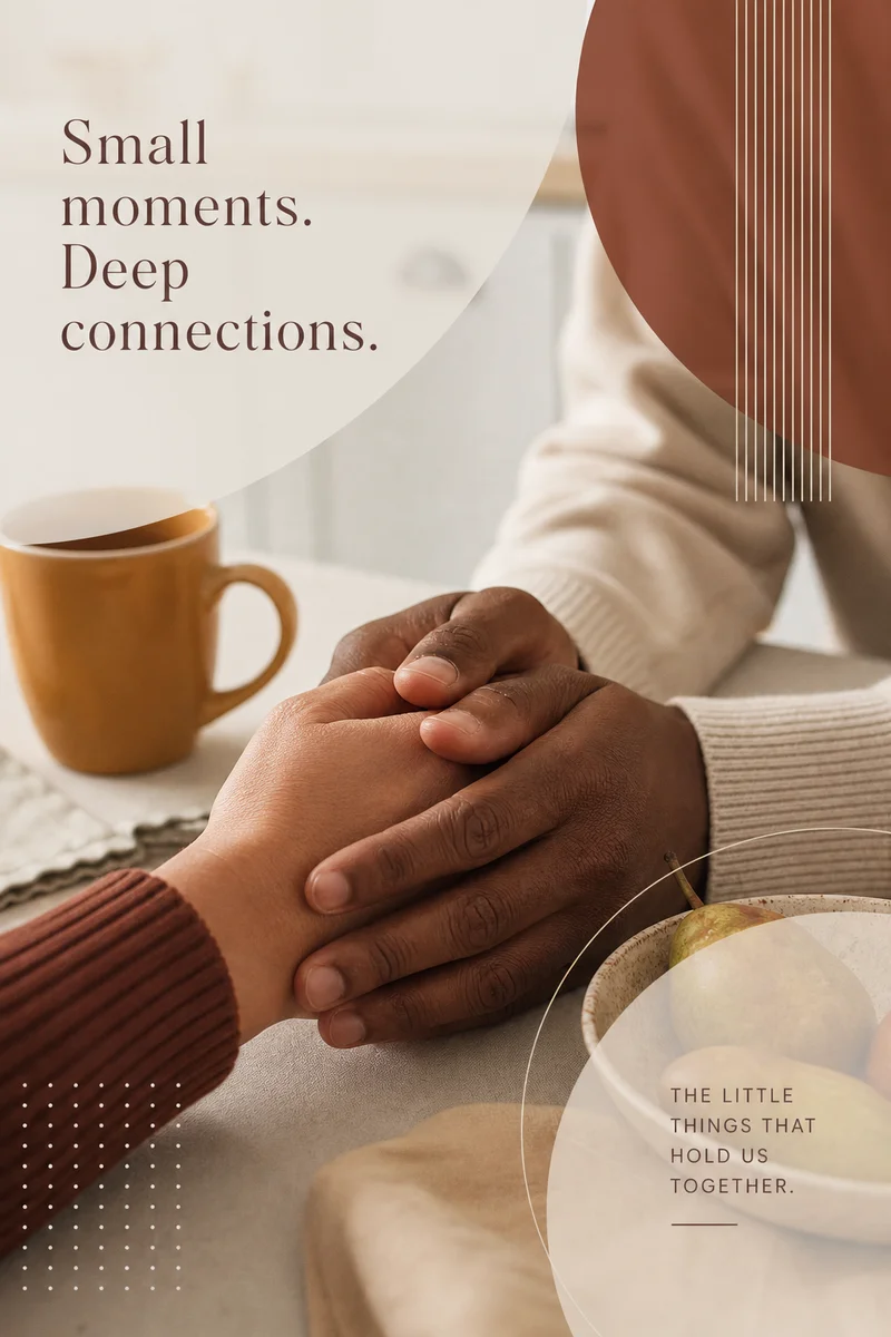 Two hands holding gently on a kitchen table in soft lighting, representing intimacy and reassurance