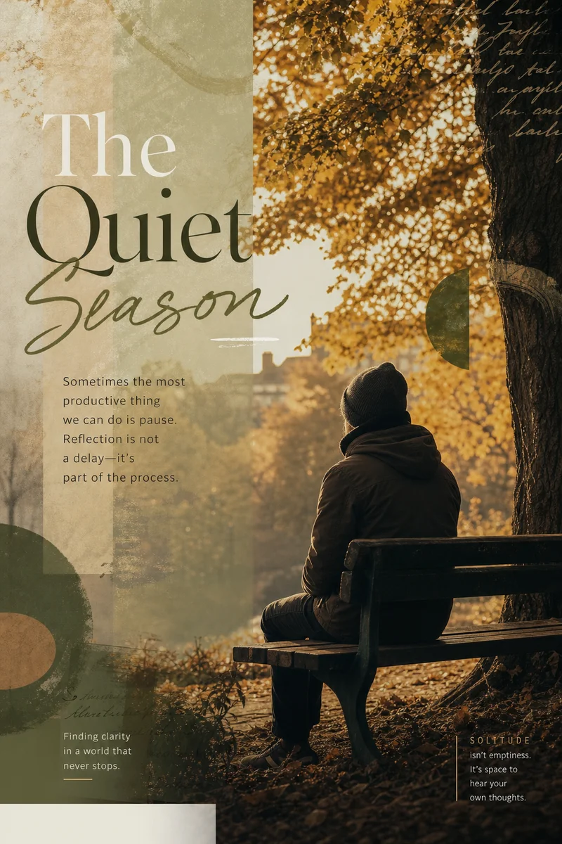 A single figure sitting on a park bench under autumn trees, representing solitude and personal reflection