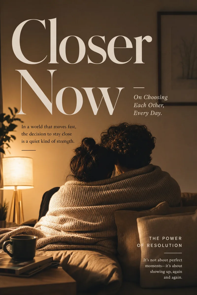 Two people sharing a blanket on a couch with warm lamplight, representing closeness and resolution