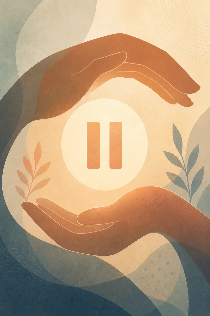 Abstract editorial illustration of a pause symbol blending into two hands gently holding space