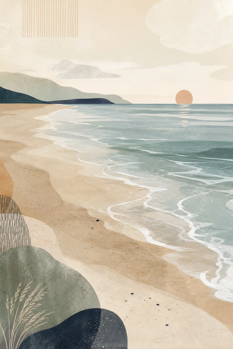 Editorial illustration of a calm shoreline with gentle waves receding and returning