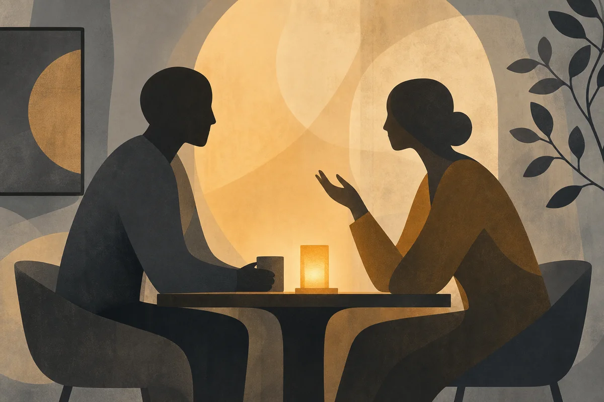 Editorial illustration of two abstract figures at a table with warm amber light between them
