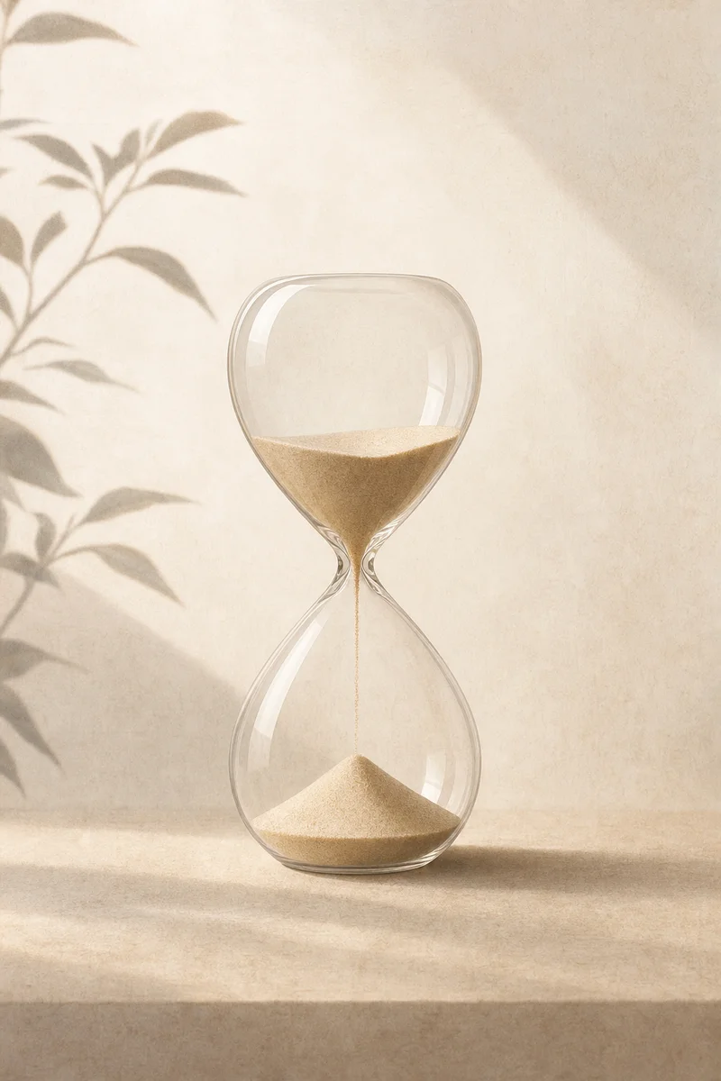 Editorial illustration of a simple hourglass with sand flowing slowly, warm neutral tones