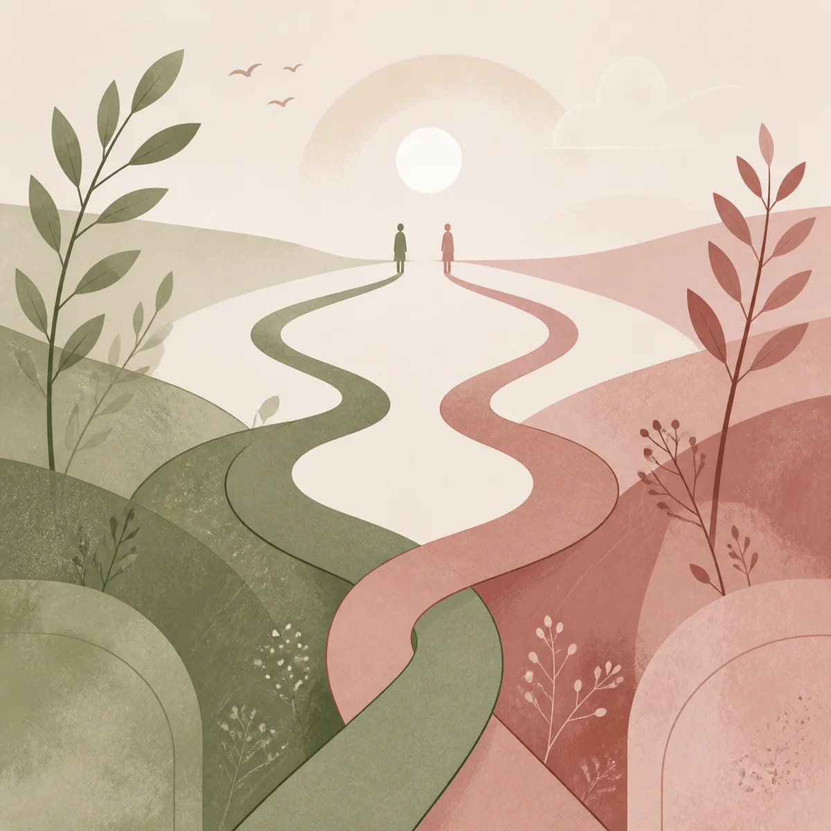 Abstract editorial illustration of two paths separating then gently curving back together