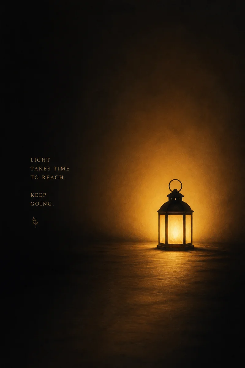 Editorial illustration of a single warm glowing light in a dark minimal space, quiet and reassuring