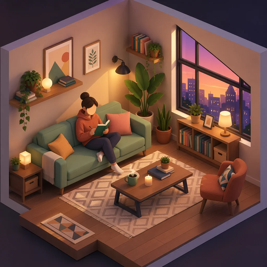 Isometric illustration of a person sitting alone on a couch with a journal, soft pastel lighting suggesting quiet reflection during a difficult emotional time