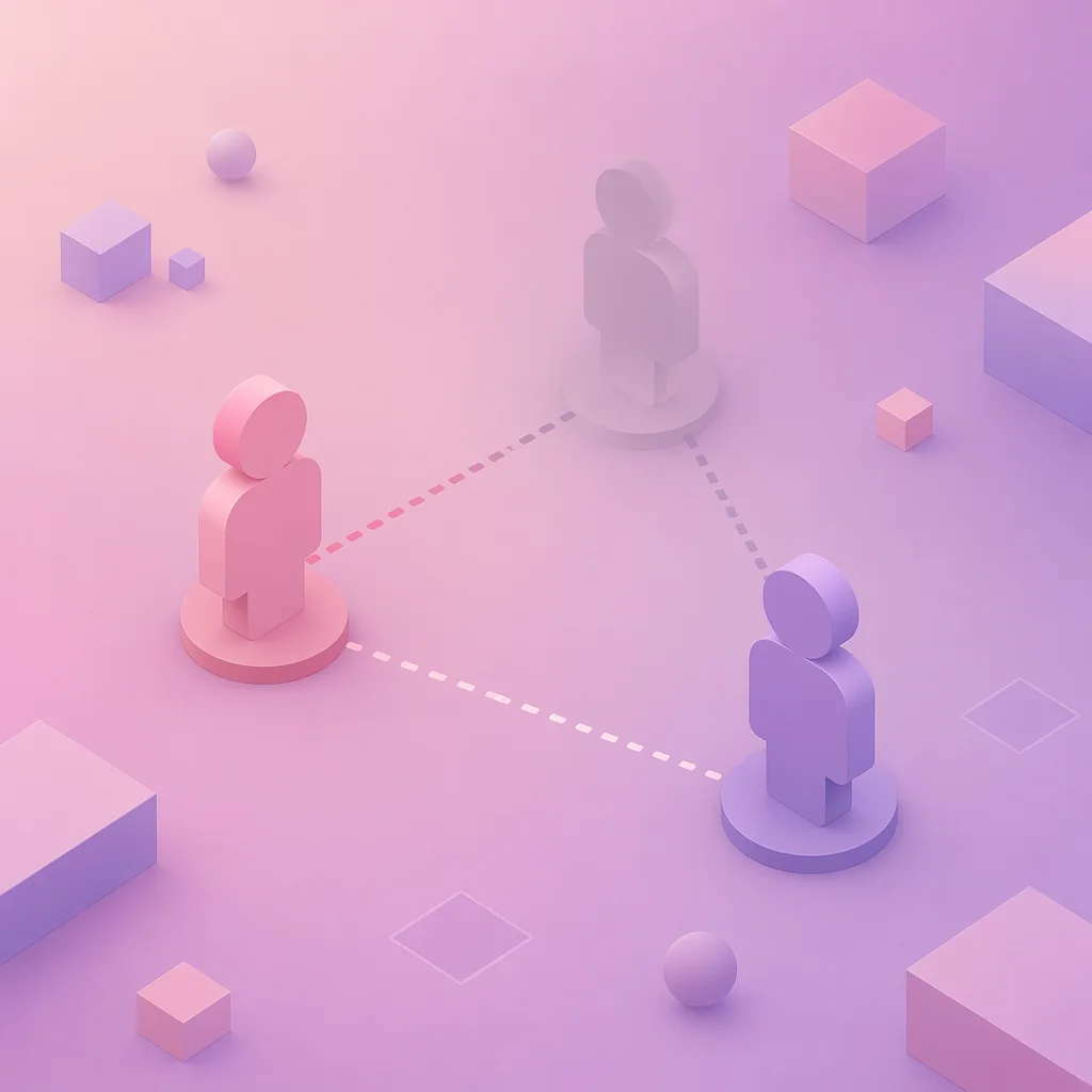 Isometric illustration of three figures in separate spaces connected by dotted lines, one figure dimmed to represent loss, soft geometric shapes representing emotional distance