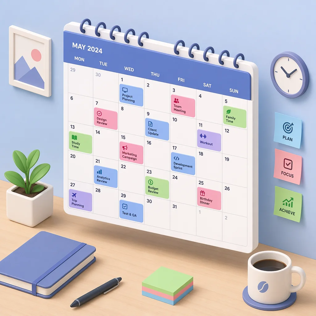 Isometric illustration of a calendar with color-coded blocks: blue for grief time, pink for partner time, green for self-care, showing balanced emotional scheduling