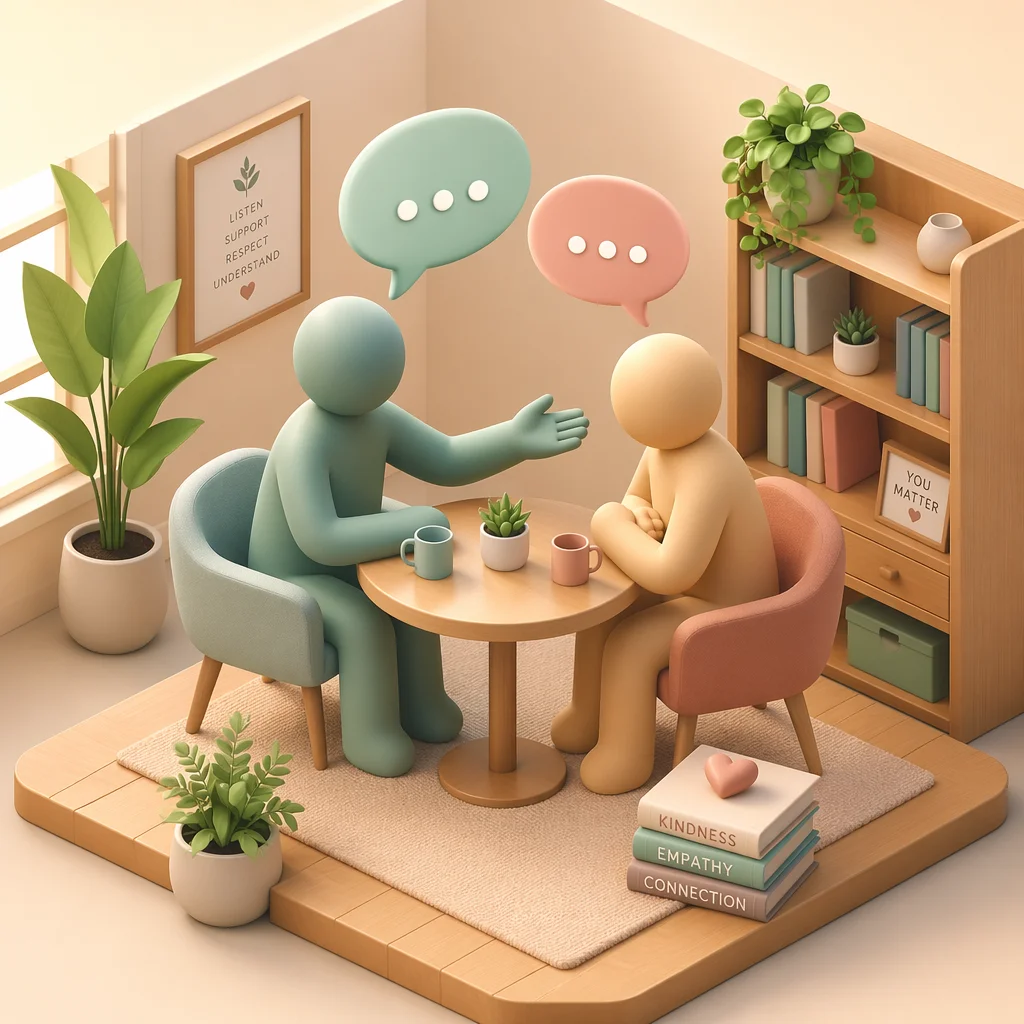 Isometric illustration of two figures facing each other across a small table, one reaching out a hand, speech bubbles with soft rounded shapes suggesting gentle communication