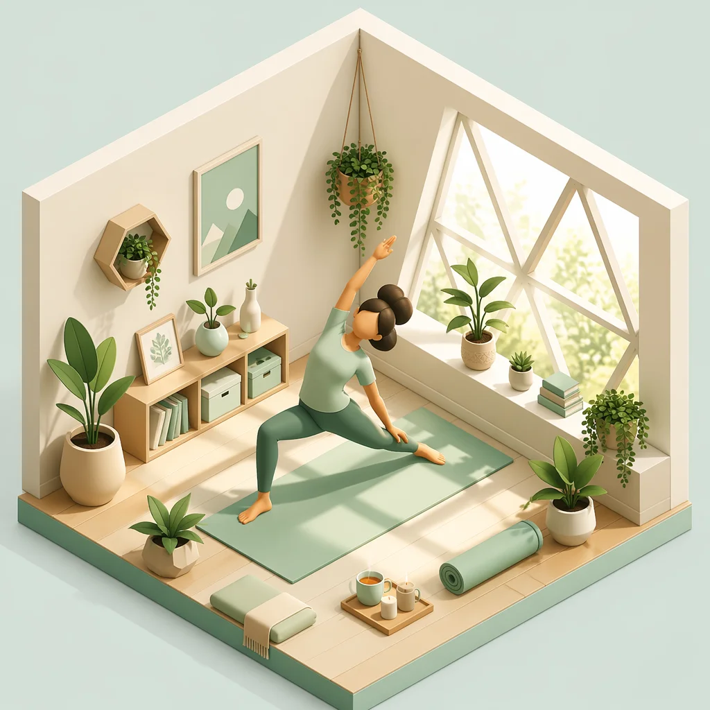 Isometric illustration of a person doing yoga on a mat in a cozy room with plants, sunlight streaming through a geometric window, peaceful self-care scene