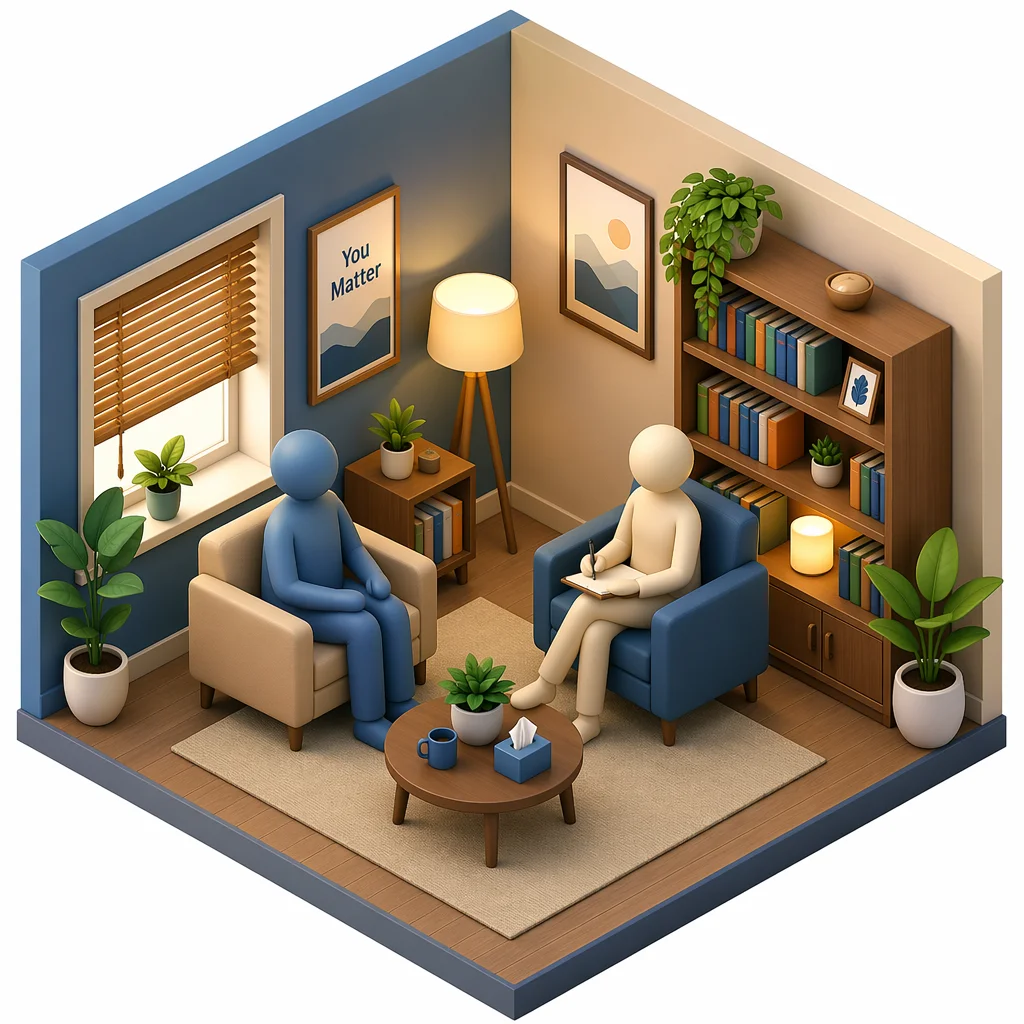 Isometric illustration of a therapist's office with two figures in comfortable chairs, soft lighting, plants, books on shelves, a calm therapeutic environment