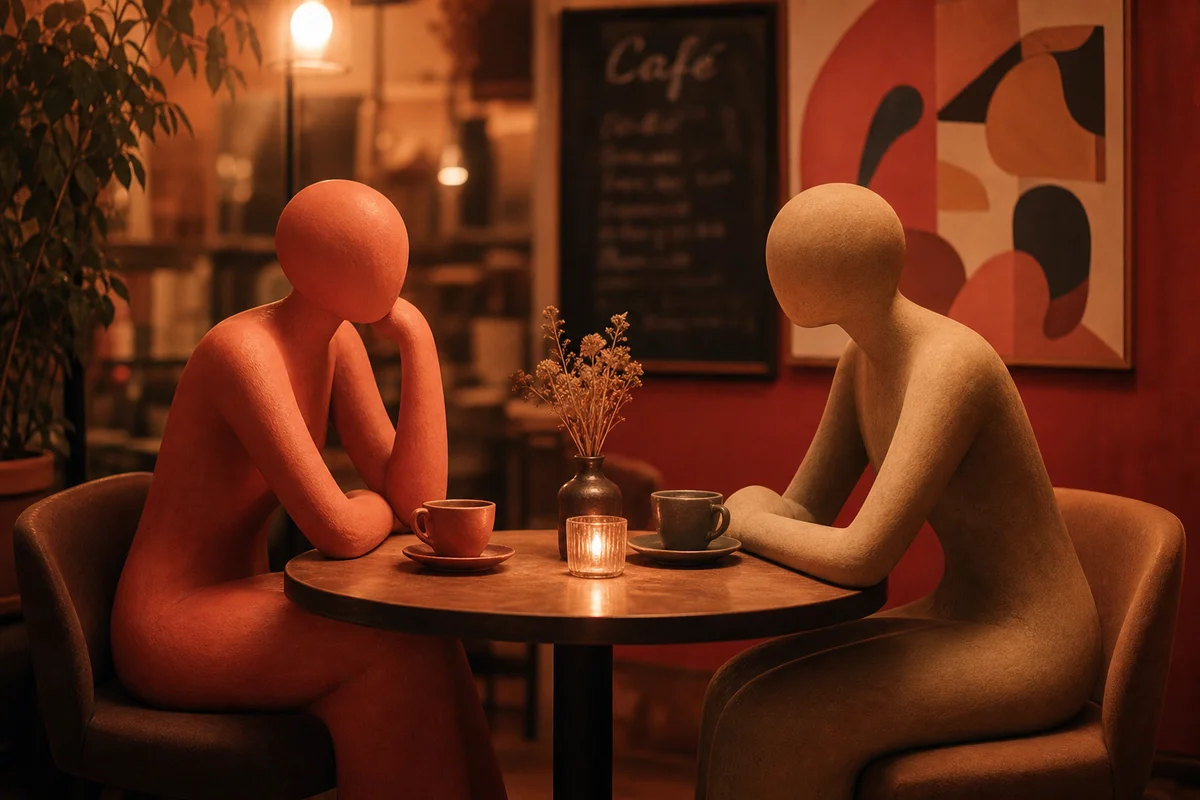 Two abstract figures sitting at a small round table in a cozy cafe setting, having an intimate conversation during a polyamory first date
