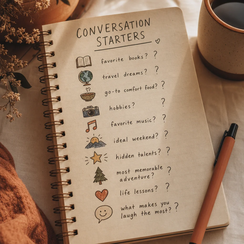 Notebook page with handwritten question marks and illustrated icons representing conversation topics for polyamory first date questions
