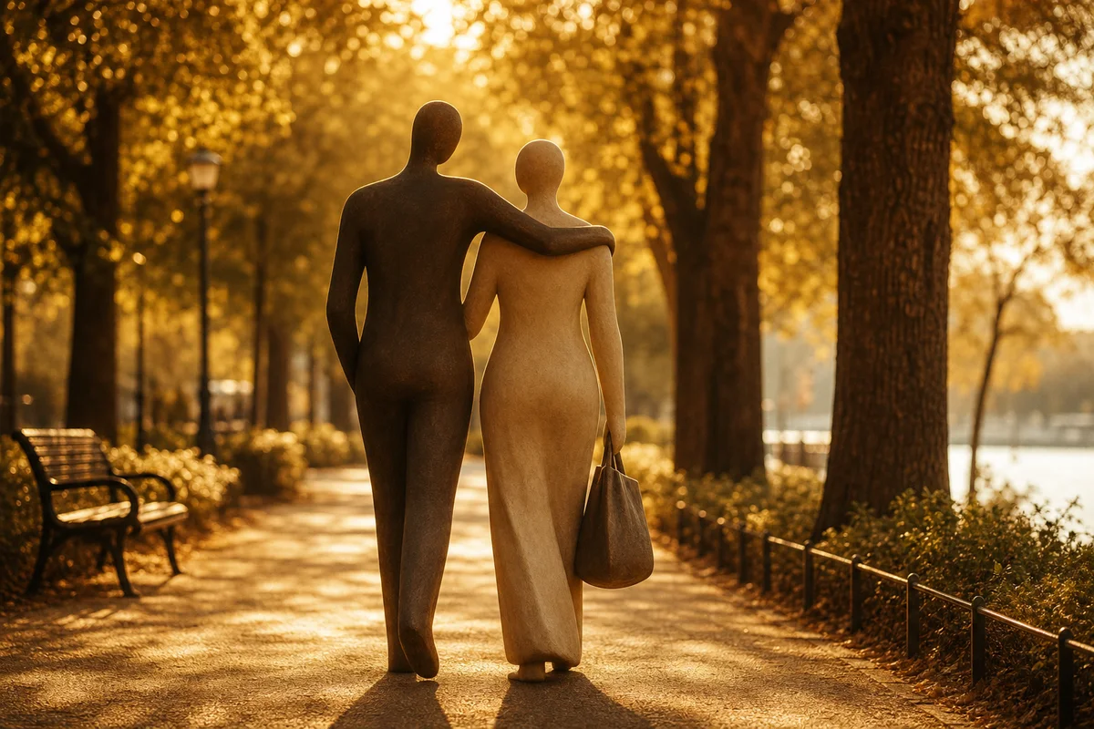 Abstract figures walking together in a park with trees and soft sunlight, comfortable body language suggesting genuine connection during a polyamory date