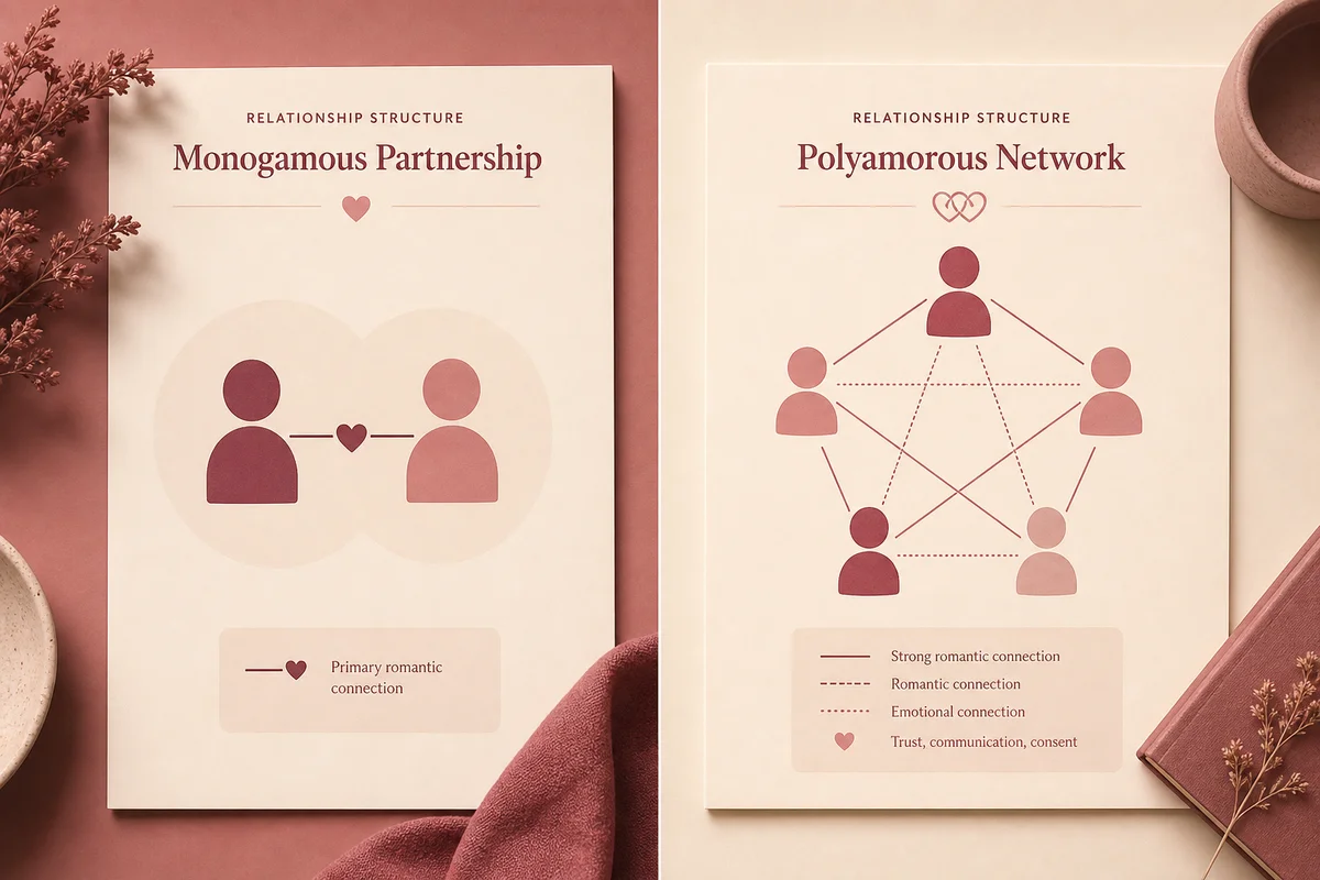 Split composition showing two different relationship structure diagrams as simple visual maps with connecting lines between abstract figures
