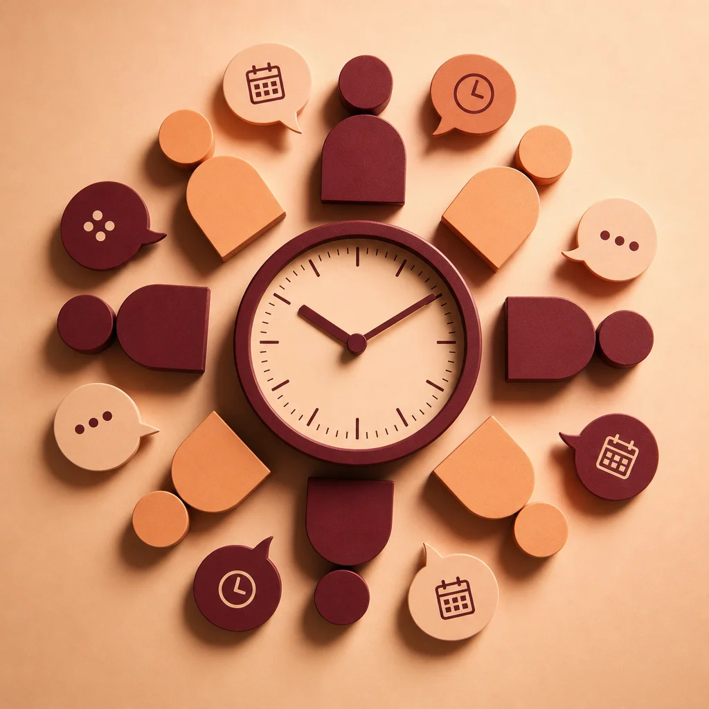 Clock face with abstract figures arranged around it like spokes, representing time and availability discussions during polyamory first date conversations